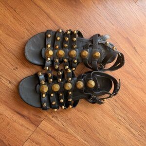 Balenciaga Black Leather Gladiator Sandals with Gold Studs